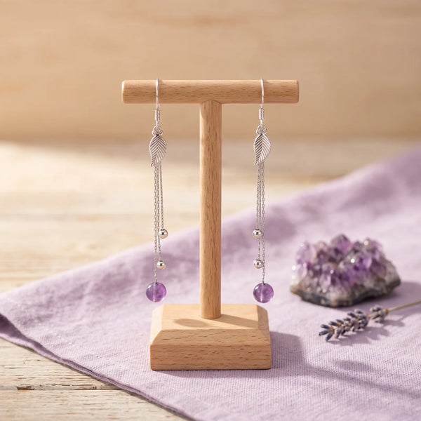 Boucles d'oreilles en argent 925 et améthyste, feuille et chaînettes, modèle SILVIA®