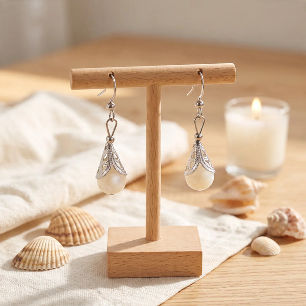 Boucles d'oreilles ethniques en nacre, perle blanche de 10 mm, modèle ETHNA®