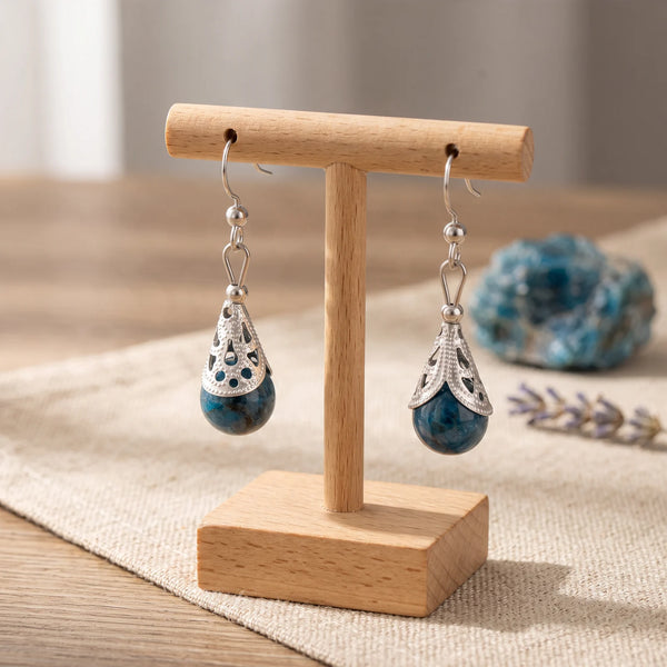 Boucles d'oreilles ethniques en apatite bleue, perle bleue de 10 mm, modèle ETHNA®