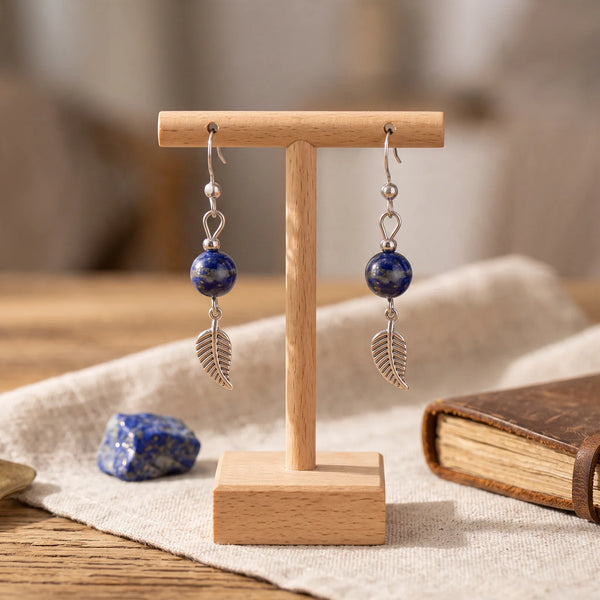 Boucles d'oreilles feuille en lapis-lazuli, perle bleue de 8 mm, modèle FOLIA®