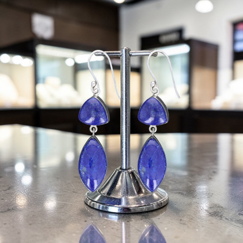 Boucle d’oreille en pierre bleue lapis lazuli cabochon triangle