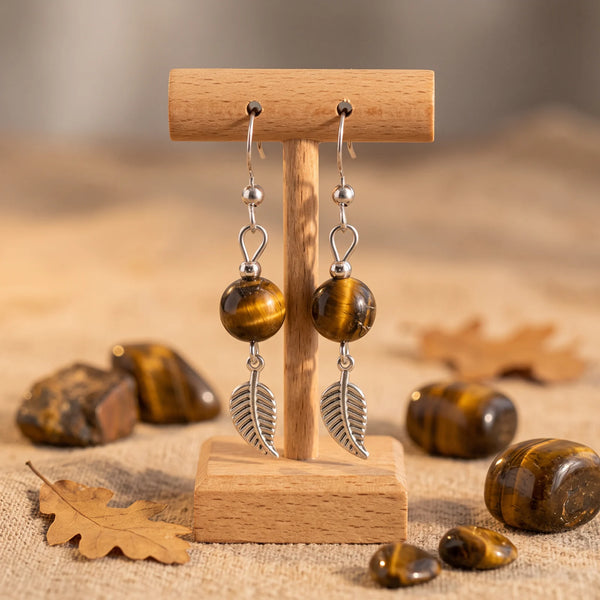 Boucles d'oreilles feuille en œil de tigre, perle marron de 8 mm, modèle FOLIA®