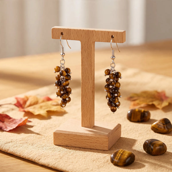 Boucles d'oreilles grappe en perles d'œil de tigre, pierre naturelle marron, modèle BACCA®