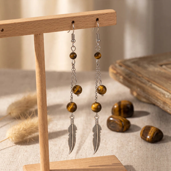 Boucles d'oreilles plume en œil de tigre, pierre naturelle marron, modèle PLUMÉA®