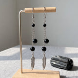 Boucles d'Oreilles Plume Tourmaline Noire PLUMÉA®, Perles Noires de Protection