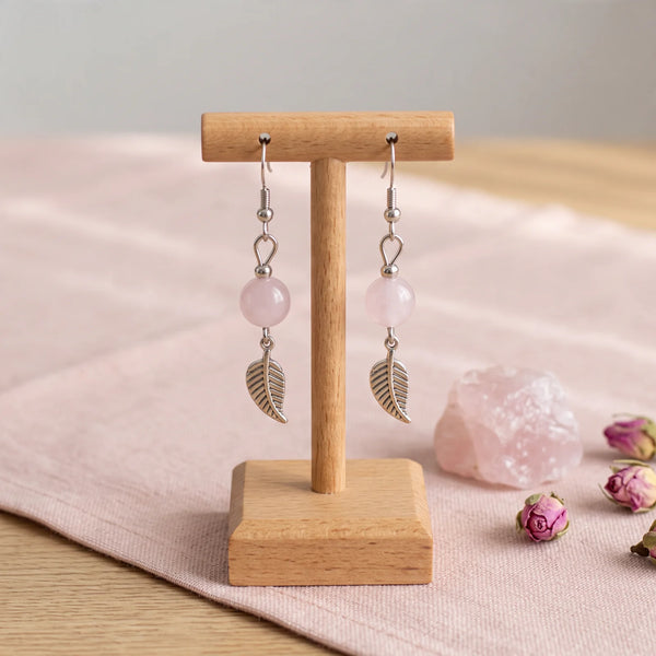 Boucles d'oreilles feuille en quartz rose, perle rose de 8 mm, modèle FOLIA®