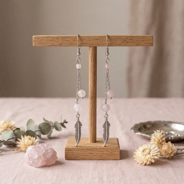 Boucles d'oreilles plume en quartz rose, pierre naturelle rose, modèle PLUMÉA®