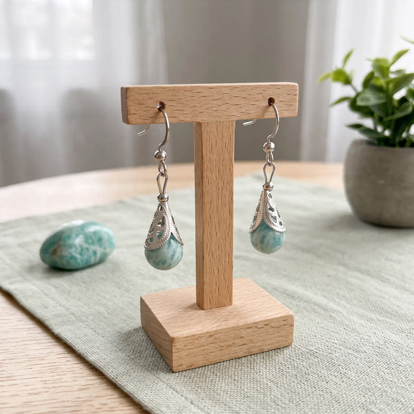 Boucles d'oreilles ethniques en amazonite, perle verte de 10 mm, modèle ETHNA®