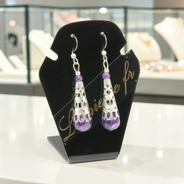 Boucle d’oreille en pierre violette améthyste naturelle