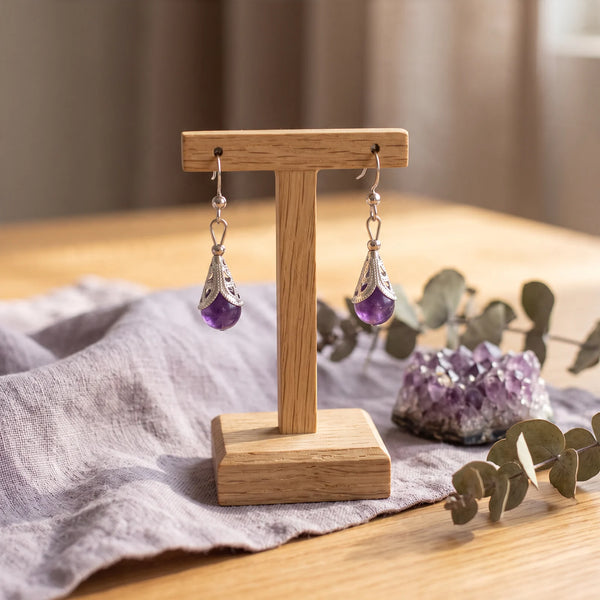 Boucles d'oreilles ethniques en améthyste, perle violette de 10 mm, modèle ETHNA®