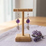 Boucles d'Oreilles Feuille Améthyste FOLIA®, Perle Violette 8 mm, Acier Inoxydable
