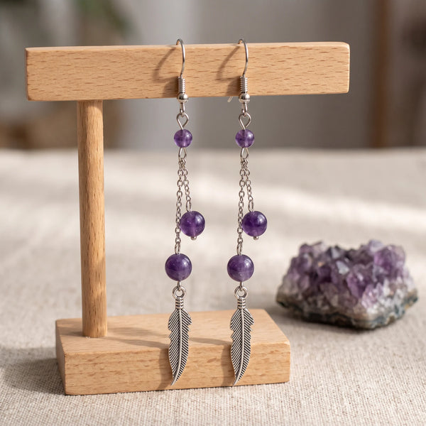 Boucles d'oreilles plume en améthyste, pierre naturelle violette, modèle PLUMÉA®