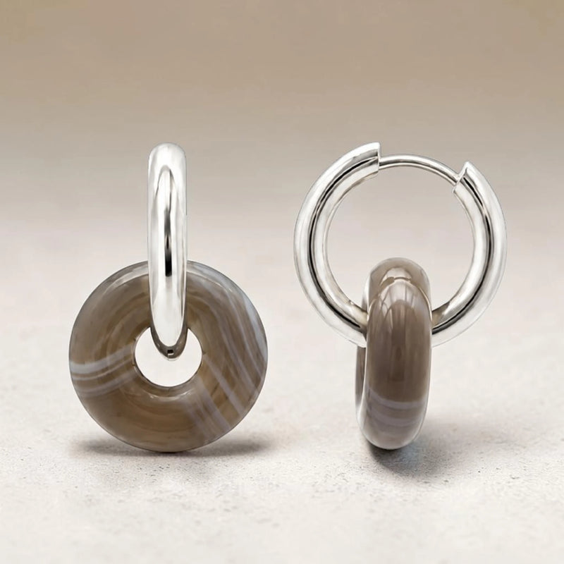 Boucles d'Oreilles Agate Botswana ANELIA® – donut 15 mm, créole argentée
