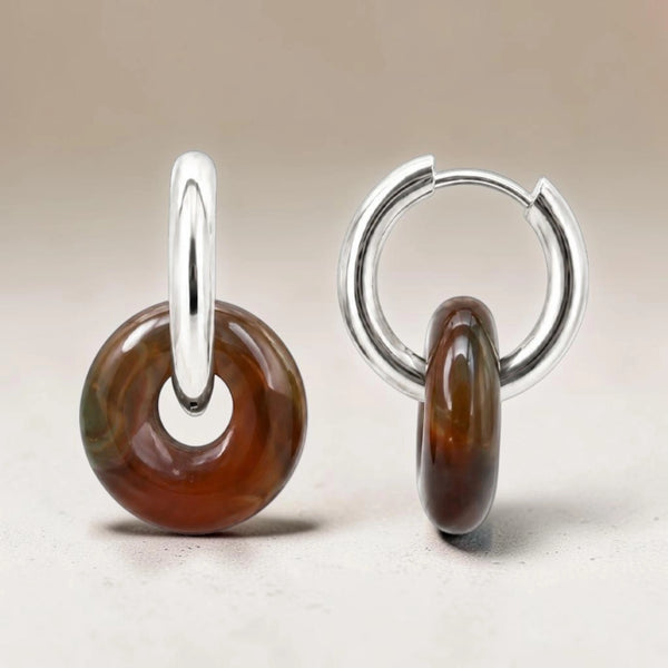 Boucles d'oreilles agate indienne donut 15 mm en pierre naturelle sur créole argentée