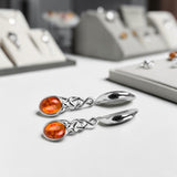 Boucles d'Oreilles Ambre Ovale Pendantes en Argent Rhodié (Sabik)
