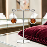 Boucles d'Oreilles Ambre Ronde Pendantes en Argent Rhodié (Spica)