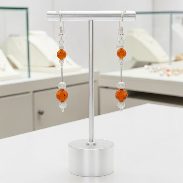 Détail perles argent diamantées et ambre boucles pendantes Izar