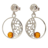 Boucles d'Oreilles Ambre Vintage, Médaillon Ajouré en Argent 925 (Elnath)