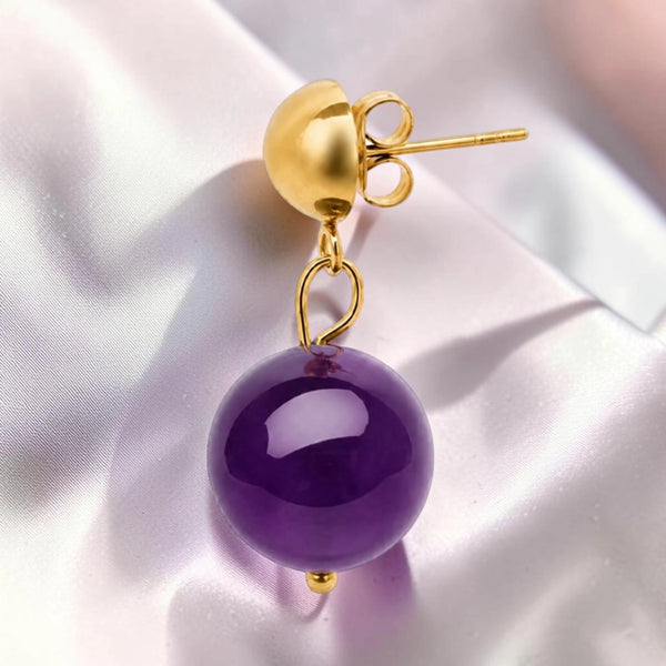 Boucle d'oreille femme en acier inoxydable doré avec pierre améthyste naturelle