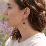 Boucles d'Oreilles Feuille Améthyste FOLIA®, Perle Violette 8 mm, Acier Inoxydable