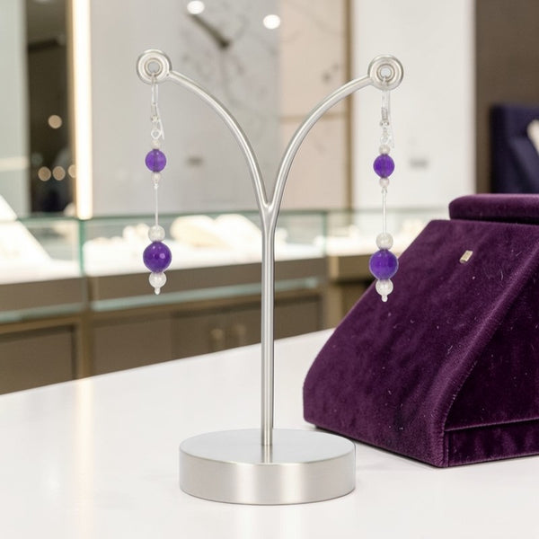 Détail perles argent diamantées et améthyste boucles pendantes Almach
