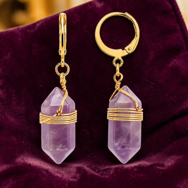 Boucles d'oreilles améthyste en pierre naturelle, pointe de 20 mm sur créole dorée
