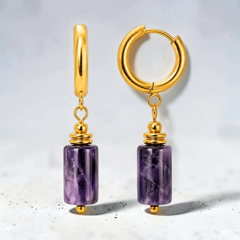 Boucles d'Oreilles Améthyste LUMIA® – tube en pierre, créole dorée