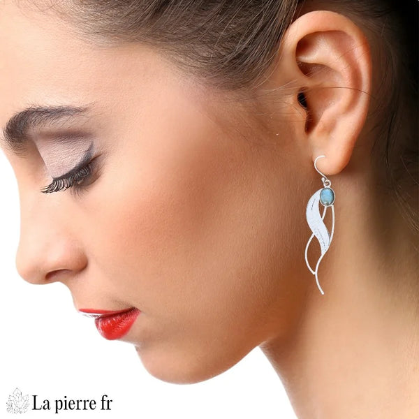 Boucles d’oreilles feuille en argent 925 avec labradorite naturelle
