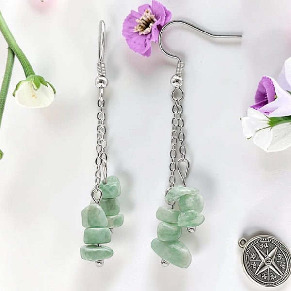 Boucles d'oreilles aventurine verte en pierre naturelle, chips baroques sur chaîne acier argenté
