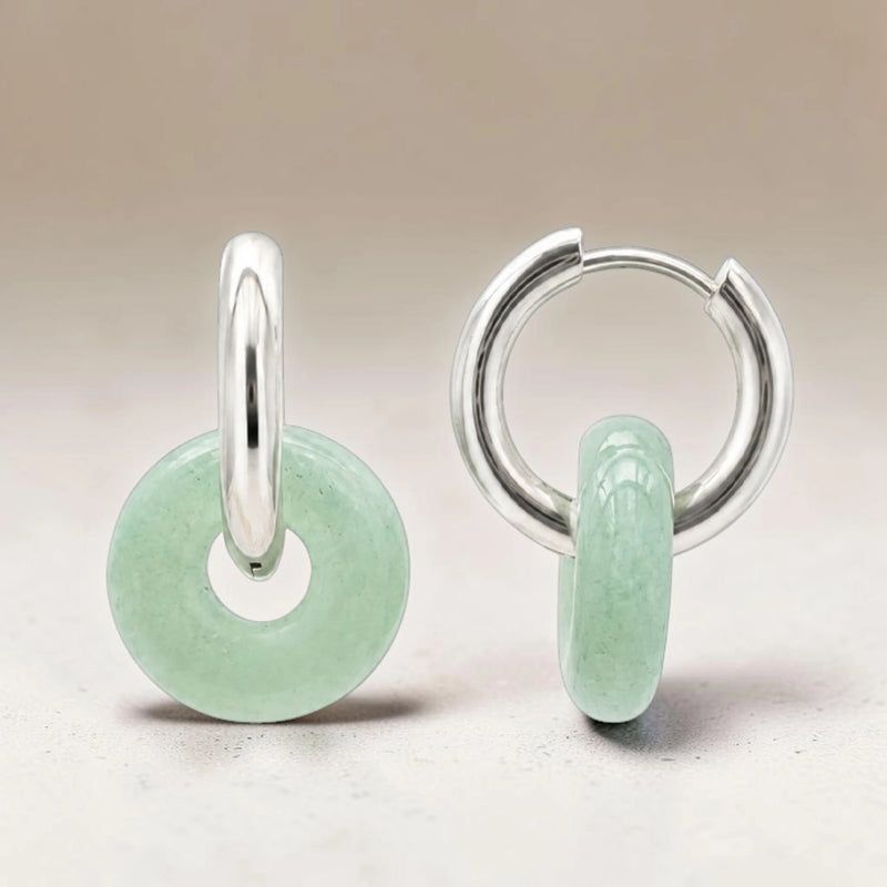 Boucles d'Oreilles Aventurine Verte ANELIA® – donut 15 mm, créole argentée