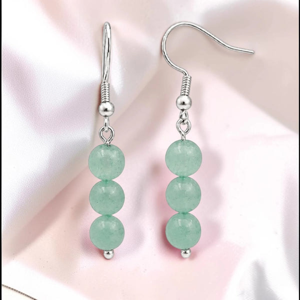 Boucles d'oreilles aventurine verte en pierre naturelle, trois boules de 6 mm sur crochet acier argenté