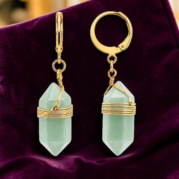Boucles d'oreilles aventurine verte en pierre naturelle, pointe de 20 mm sur créole dorée