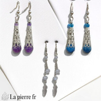Boucles d’oreilles style bohème ornées de plusieurs pierres naturelles, bijoux La Pierre FR mêlant raffinement.