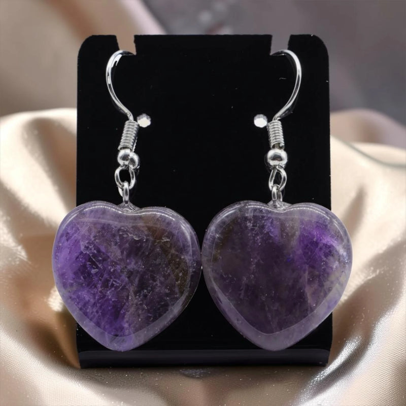 Boucles d'Oreilles Cœur Améthyste AMORA® – pendantes 4 cm, acier argenté