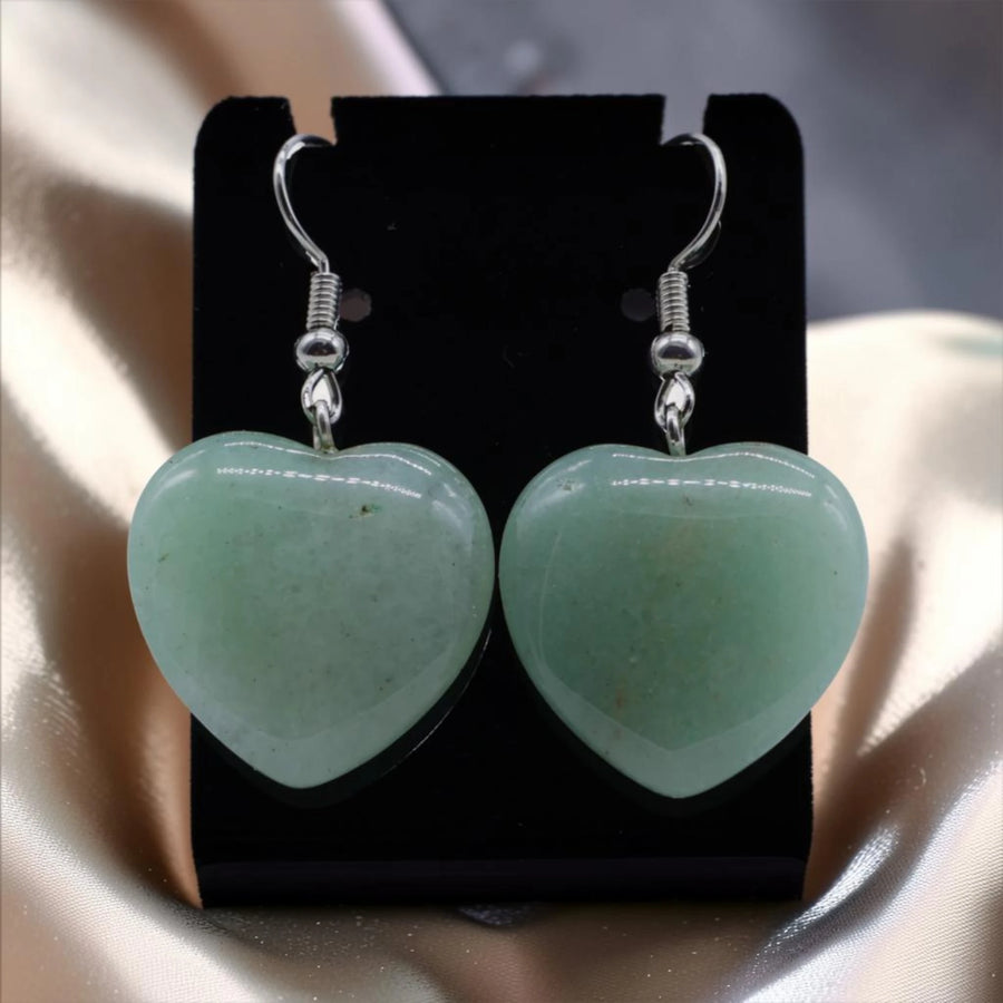 Boucles d'oreilles pierre verte, cœur en aventurine naturelle sur crochet acier