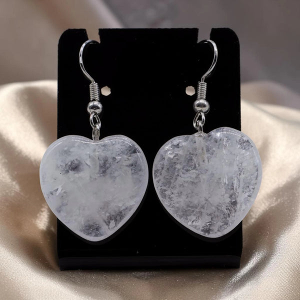 Bijoux en cristal de roche, boucles d'oreilles cœur en pierre transparente naturelle