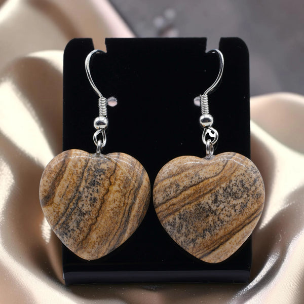 Bijoux en jaspe paysage, boucles d'oreilles cœur en pierre naturelle beige et brune