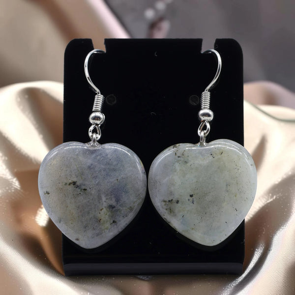Bijoux en labradorite, boucles d'oreilles cœur en pierre naturelle à reflets bleus