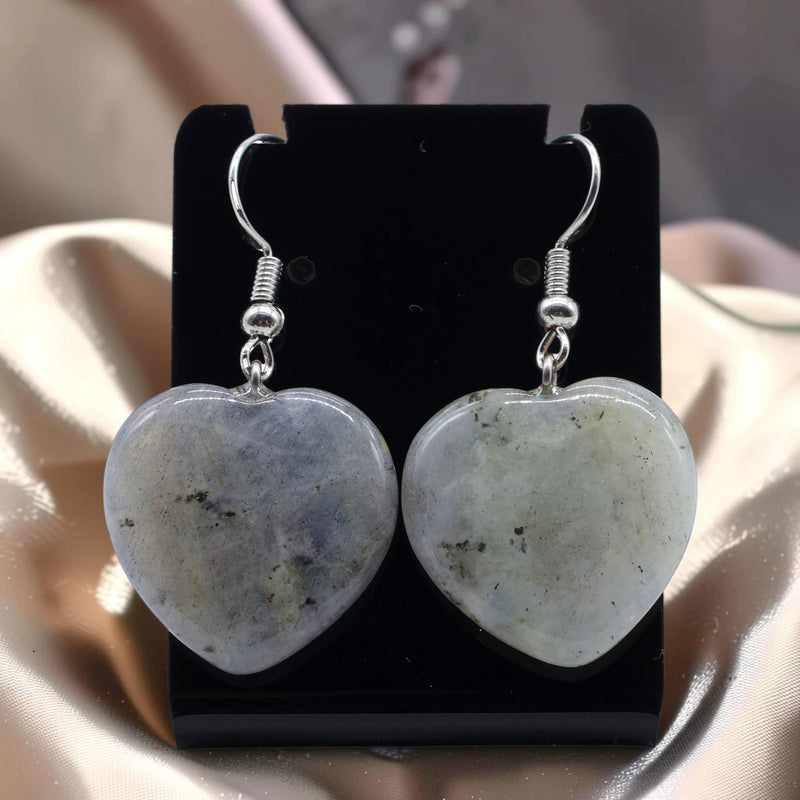 Boucles d'Oreilles Cœur Labradorite AMORA® – pendantes 4 cm, acier argenté