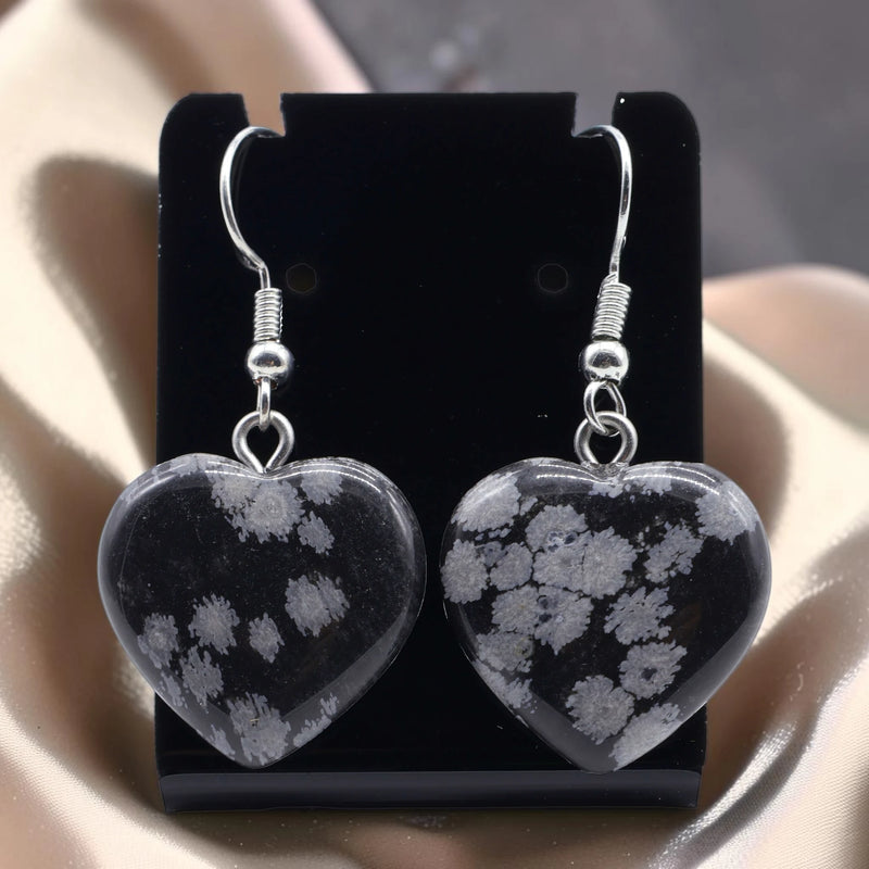 Boucles d'Oreilles Cœur Obsidienne Neige AMORA® – pendantes 4 cm, acier argenté