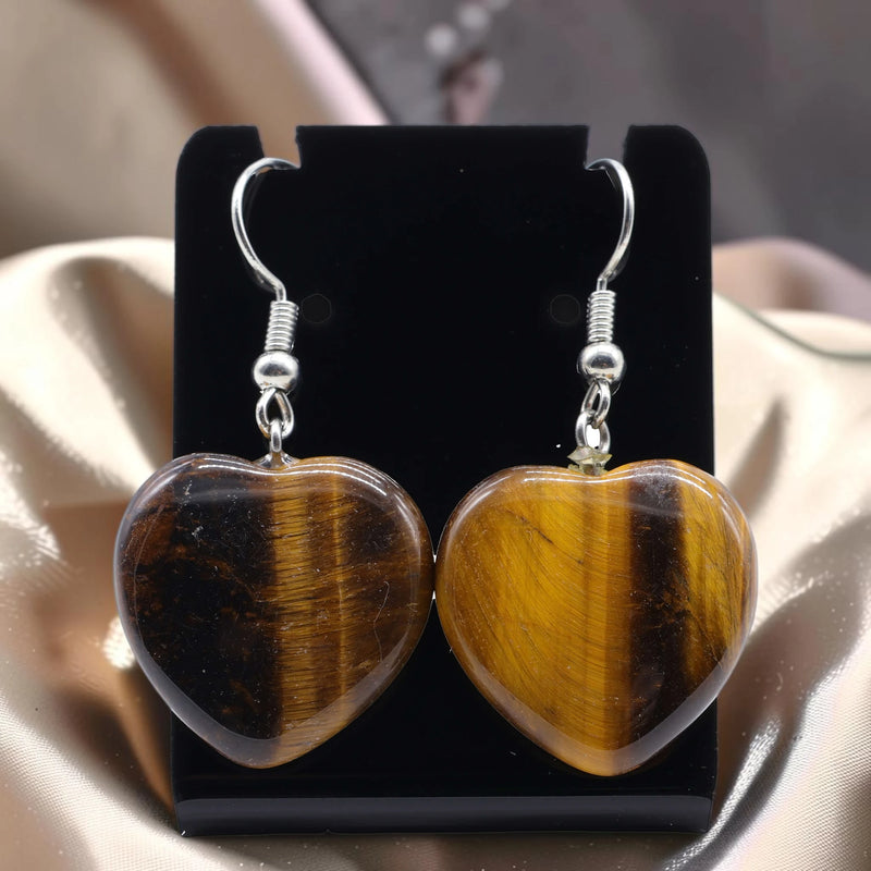 Boucles d'Oreilles Cœur Œil de Tigre AMORA® – pendantes 4 cm, acier argenté