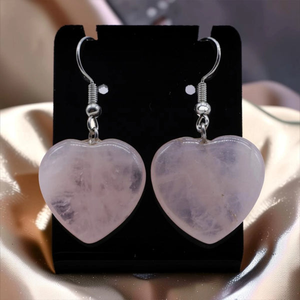 Boucles d'oreilles pierre rose, cœur en quartz rose naturel, cadeau femme