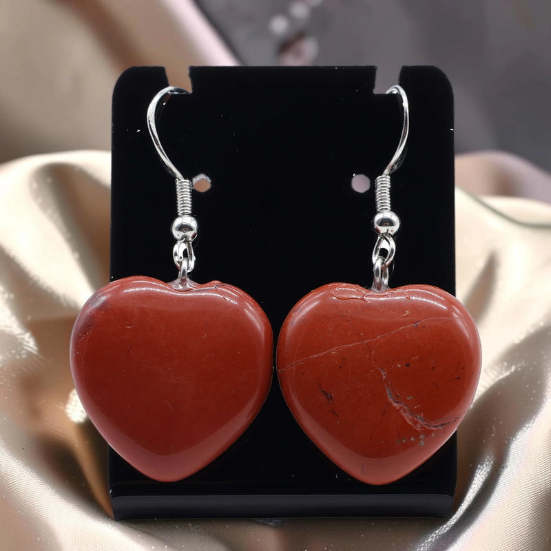 Boucles d'Oreilles Cœur Jaspe Rouge AMORA® – pendantes 4 cm, acier argenté