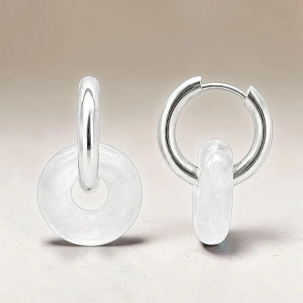 Boucles d'oreilles cristal de roche donut 15 mm en pierre naturelle sur créole argentée