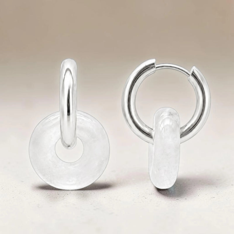Boucles d'Oreilles Cristal de Roche ANELIA® – donut 15 mm, créole argentée