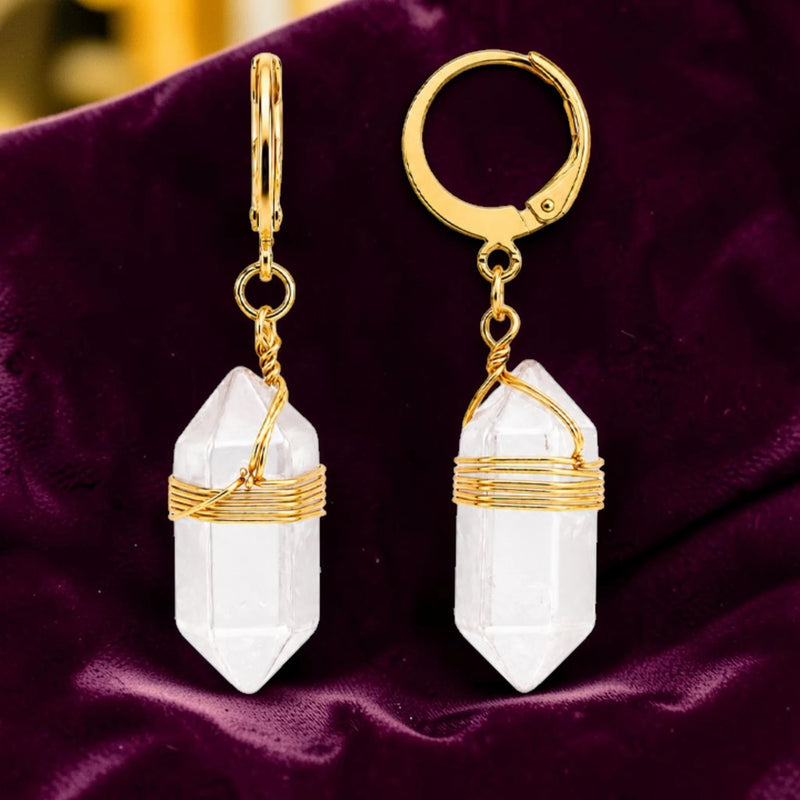 Boucles d'Oreilles Cristal de Roche OBELIA® – pointe 20 mm, créole dorée