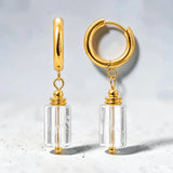 Boucles d'Oreilles Cristal de Roche LUMIA® – tube en pierre, créole dorée