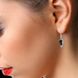 Boucles d'Oreilles Pierre Noire, Onyx Noir sur Feuille d'Argent 925 (Alhena)