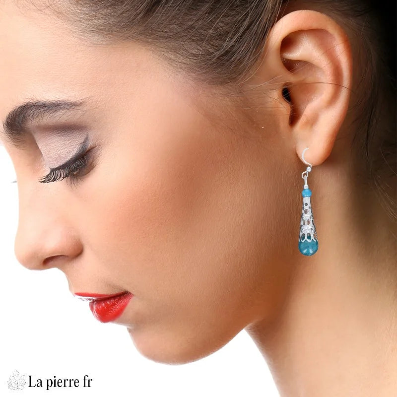 Boucles d’oreilles ethniques en apatite bleue naturelle