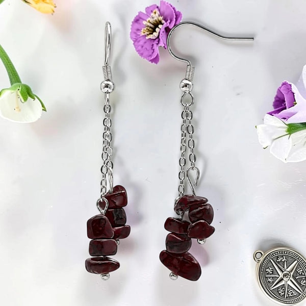 Boucles d'oreilles grenat rouge en pierre naturelle, chips baroques sur chaîne acier argenté